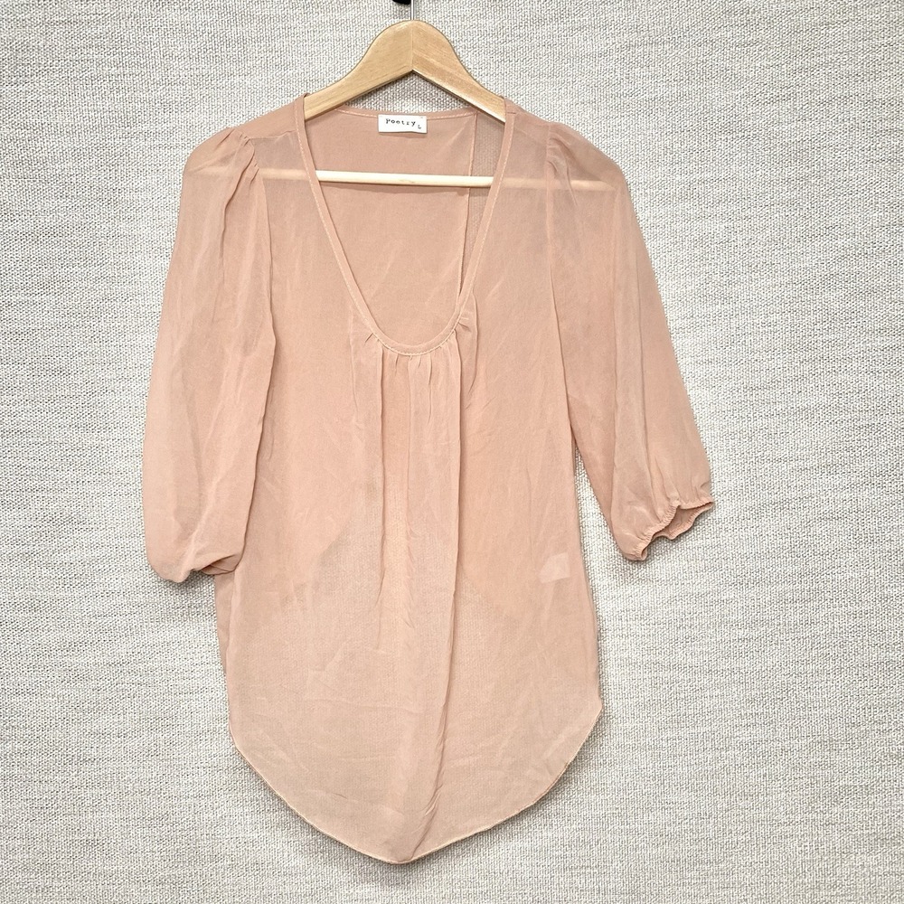 Poetry Blouse L Sheer Chiffon Blush Pink Tulip Back Romantic Boho Peasant